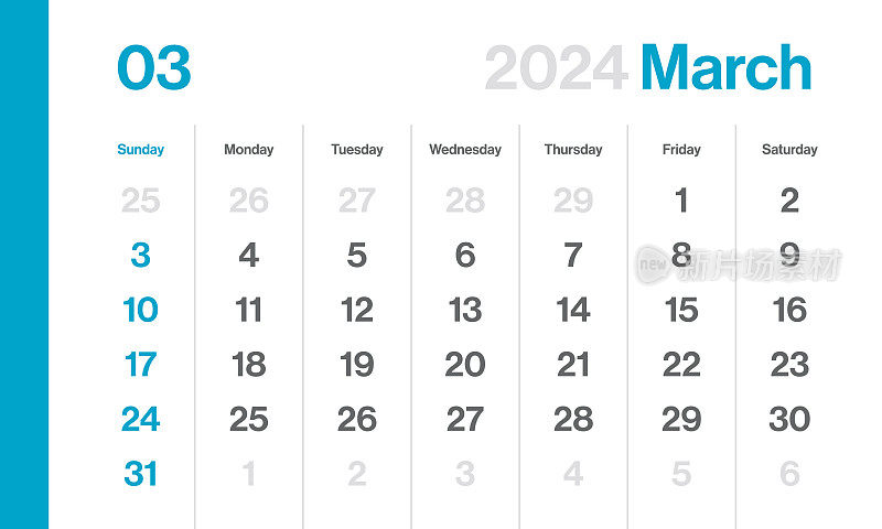 2024年3月-月历。极简风格的景观水平日历2024年。向量模板。一周从周日开始