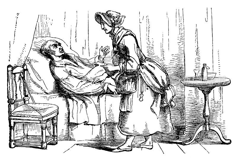 凯瑟琳・“基蒂”・威尔金森(贫民窟的圣徒)在19世纪的英国利物浦照顾一位霍乱患者