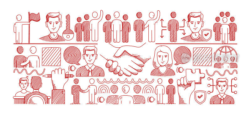协作手绘矢量涂鸦线图标集。团队合作、握手、协议、会议、团队、焦点小组、机会、伙伴关系、组织。