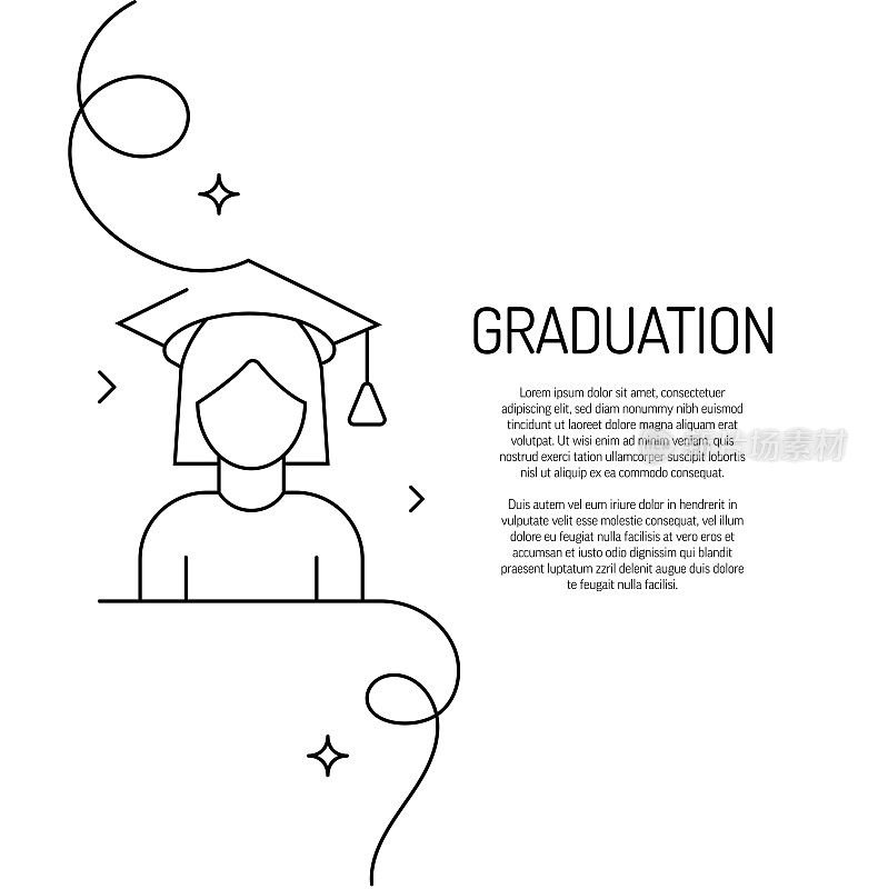 连续线绘制毕业图标。手绘符号矢量插图。