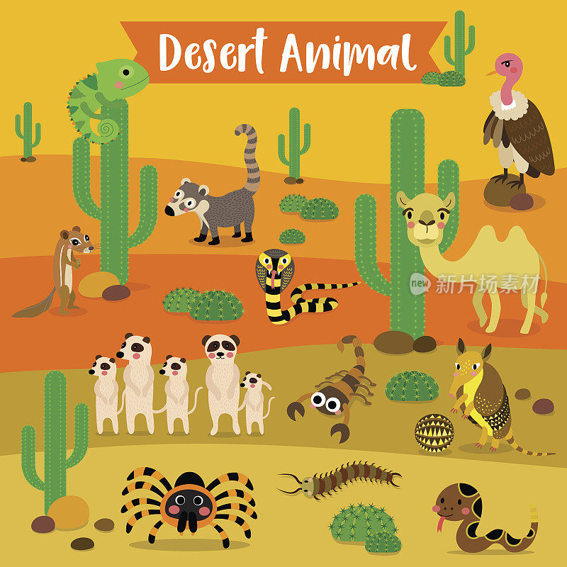 沙漠动物卡通沙漠背景矢量插图。