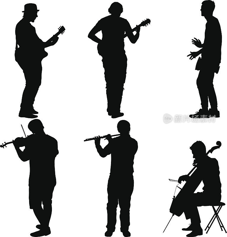 街头音乐家演奏乐器的剪影。矢量图