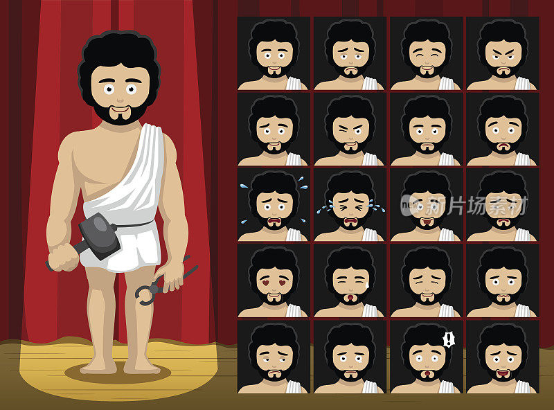 希腊众神赫菲斯托斯服装卡通情感面矢量插图
