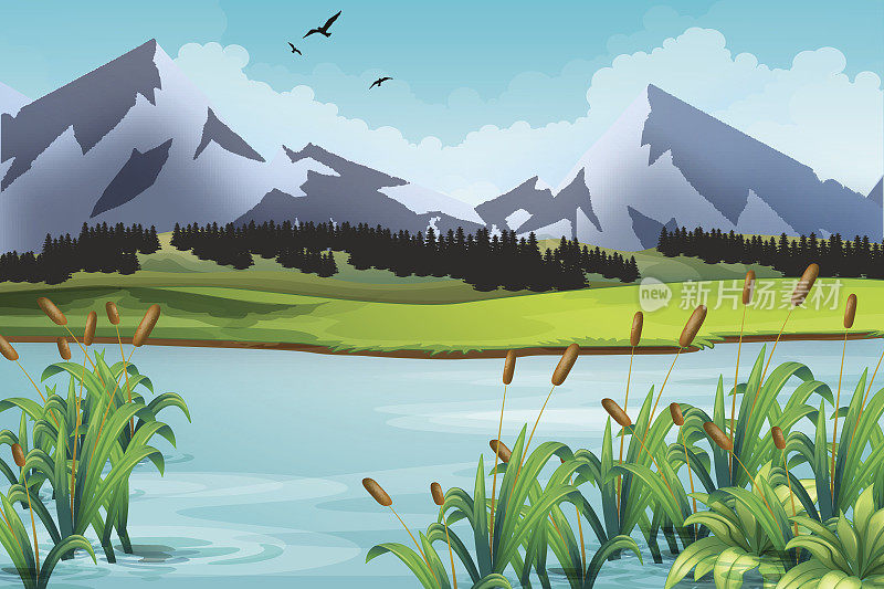 山的风景。自然背景有湖泊、草地、山峰。矢量插图的夏季，野生的自然