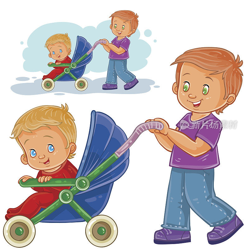 矢量剪辑艺术插图哥哥推婴儿车与孩子。