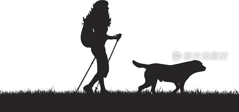 矢量剪影的女孩与狗在白色的背景。