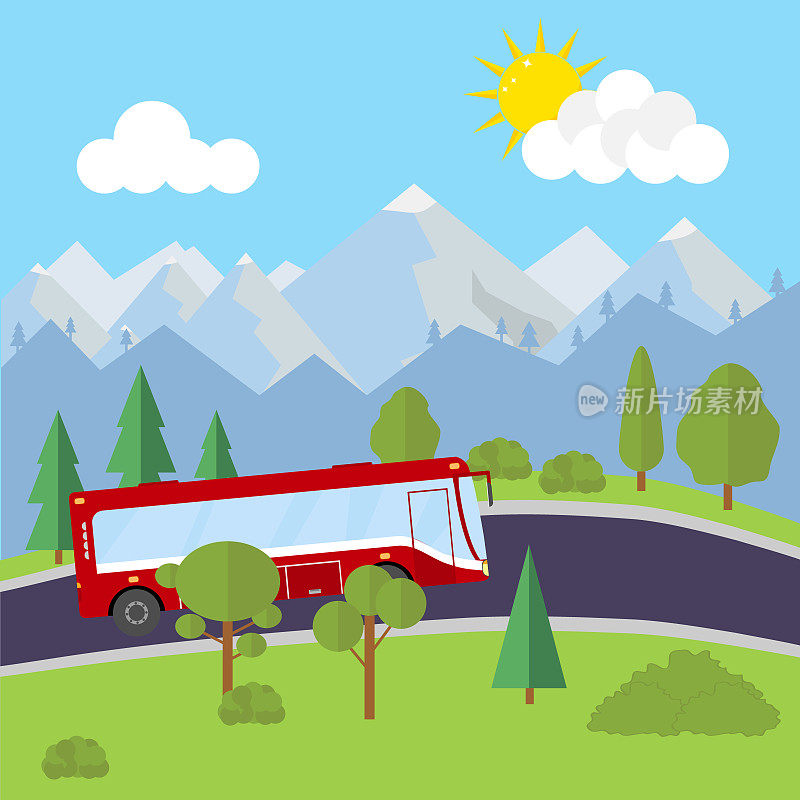 旅游巴士在山里。