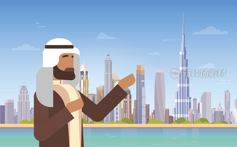 阿拉伯人展示迪拜天际线全景，现代建筑城市景观商务旅行和旅游概念