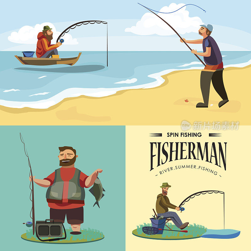 平渔人帽子坐在岸边，手里拿着钓竿，抓着水桶和网，渔人钩织着旋入水中，等待大鱼搞笑的矢量插图，渔人积极的旗帜概念