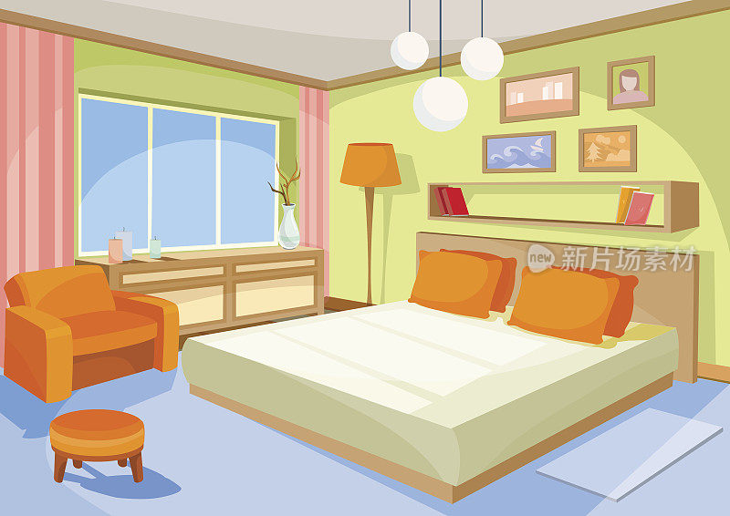 矢量卡通插图室内橙蓝色卧室，客厅配有一张床，柔软的椅子