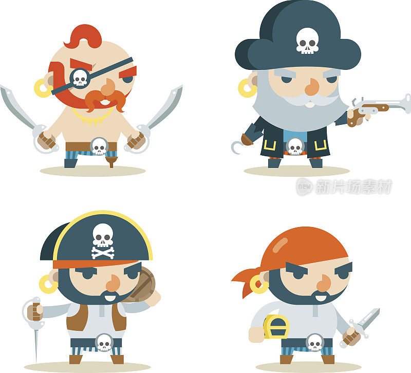海盗海盗Filibuster海狗幻想RPG宝藏游戏角色图标设置平面设计矢量插图