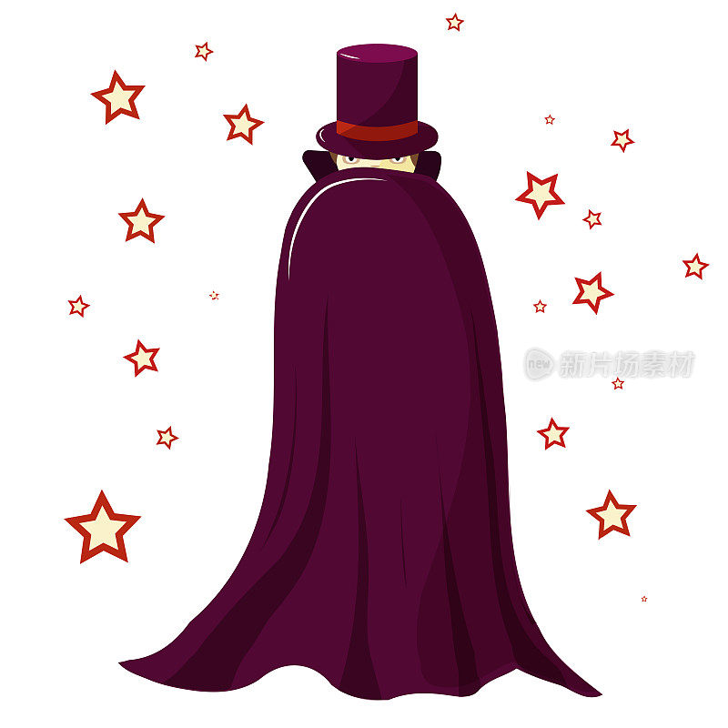 魔术师披着一件紫色长袍。神秘的看。只有眼睛是可见的。围绕着神奇的星星