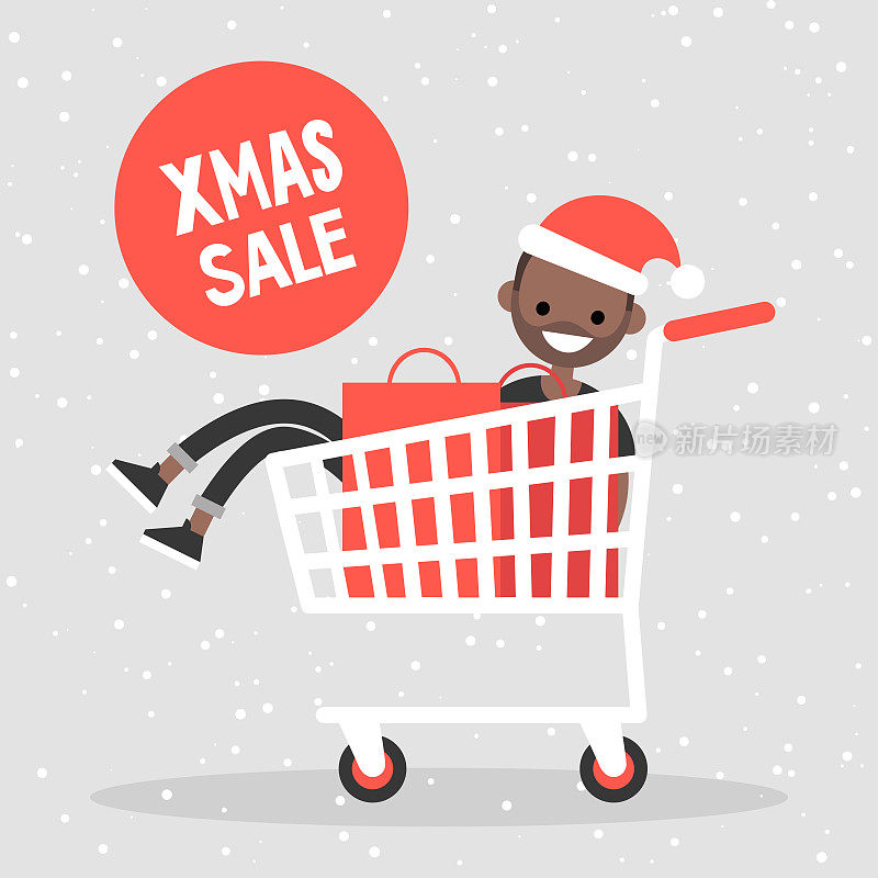 圣诞节销售。年轻的黑人角色戴着圣诞帽，坐在购物车里。冬季季节性折扣。特别优惠价。假期。市场营销。平面矢量插图，剪辑艺术