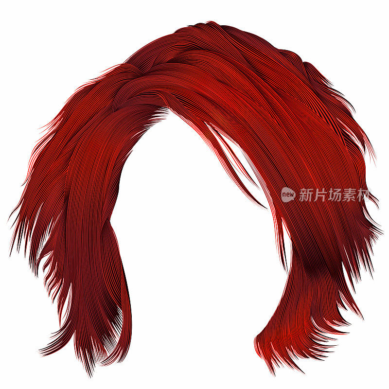 时髦女人蓬乱的头发，红色的颜色。美丽时尚。现实的三维