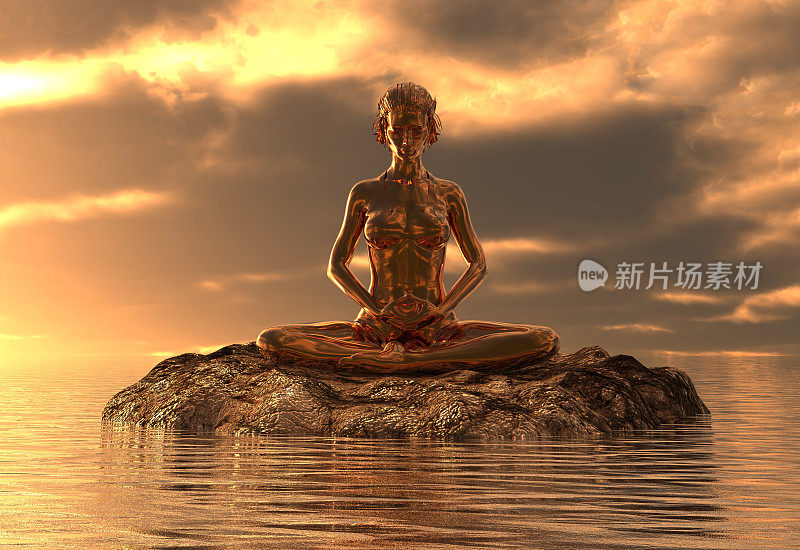 雕像黄金女孩做瑜伽在海上3d插图