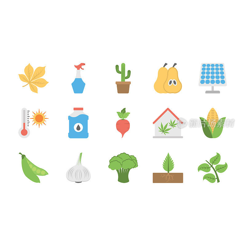 蔬菜，植物，水果平面矢量图标设置