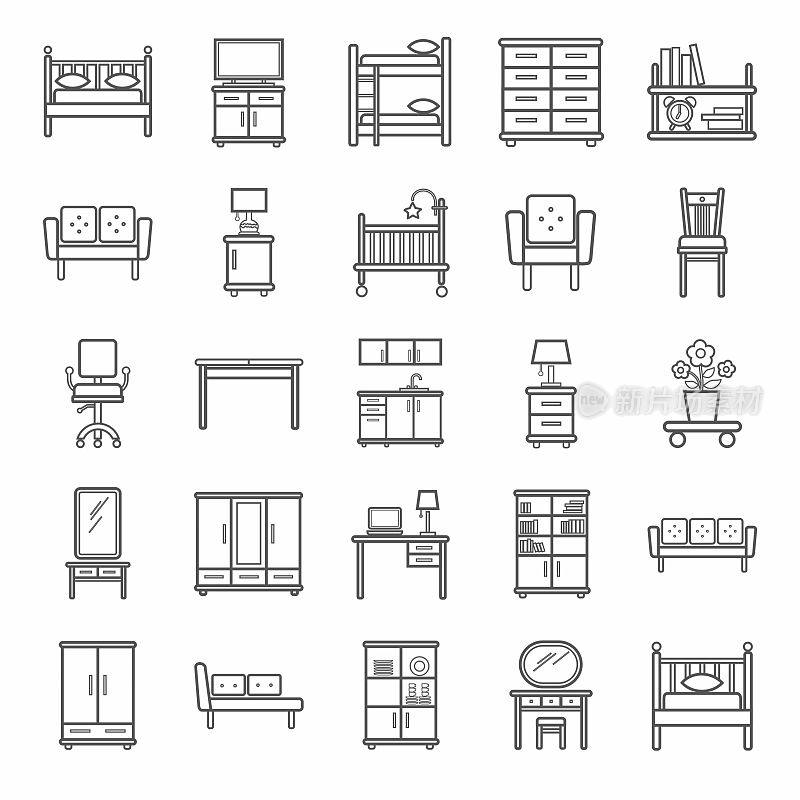 家具，图标，单色，轮廓。