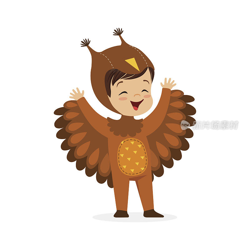 可爱快乐的小男孩装扮成猫头鹰，儿童狂欢节服装矢量插画