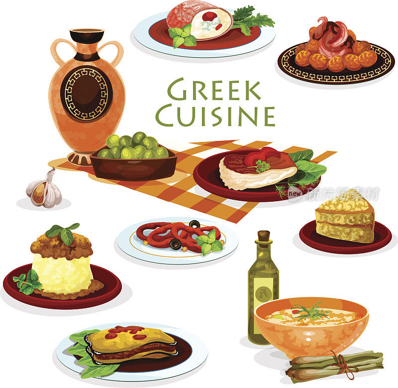 希腊美食健康午餐菜肴卡通图标