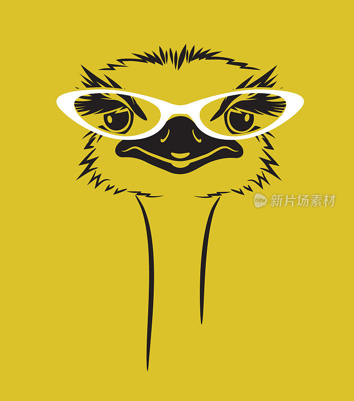 有趣的向量插图鸵鸟戴眼镜。适合t恤、海报、印花设计
