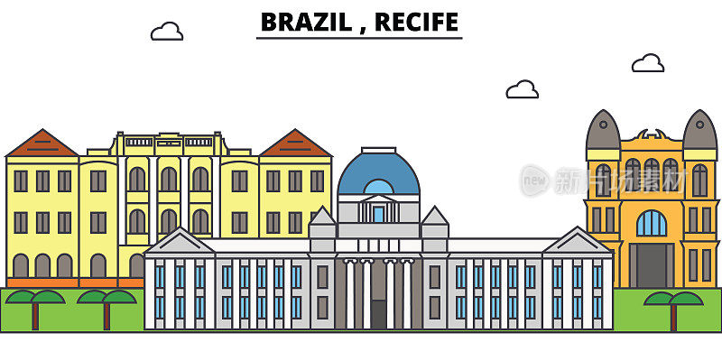 巴西、累西腓轮廓天际线、巴西平细线图标、地标、插图。巴西，累西腓城市景观，巴西旅游城市矢量旗帜。城市的轮廓