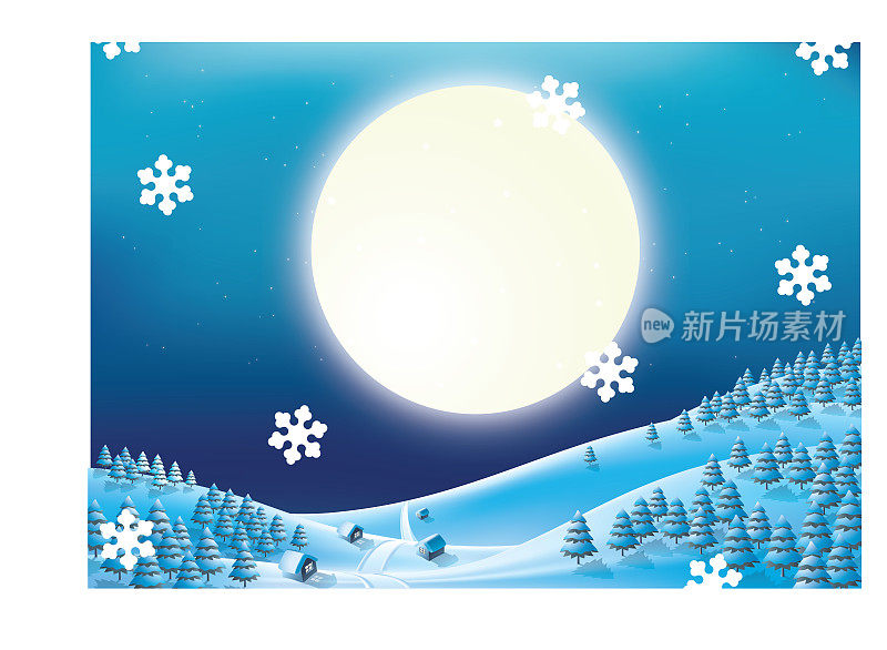 圣诞夜景观矢量概念。落雪夜圆月。