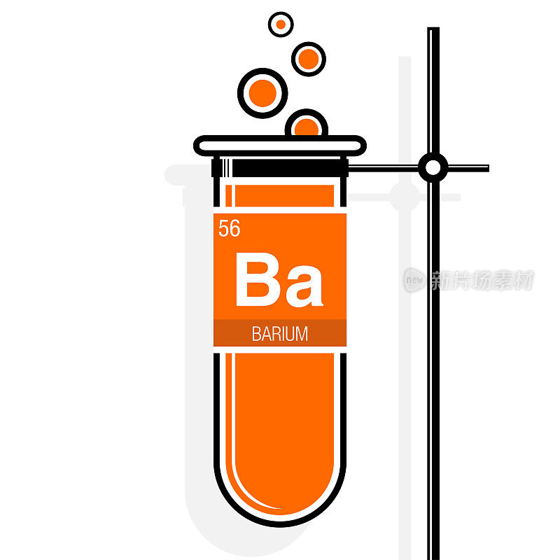 标签上的钡符号在带有支架的橙色试管中。元素周期表中的第56号元素