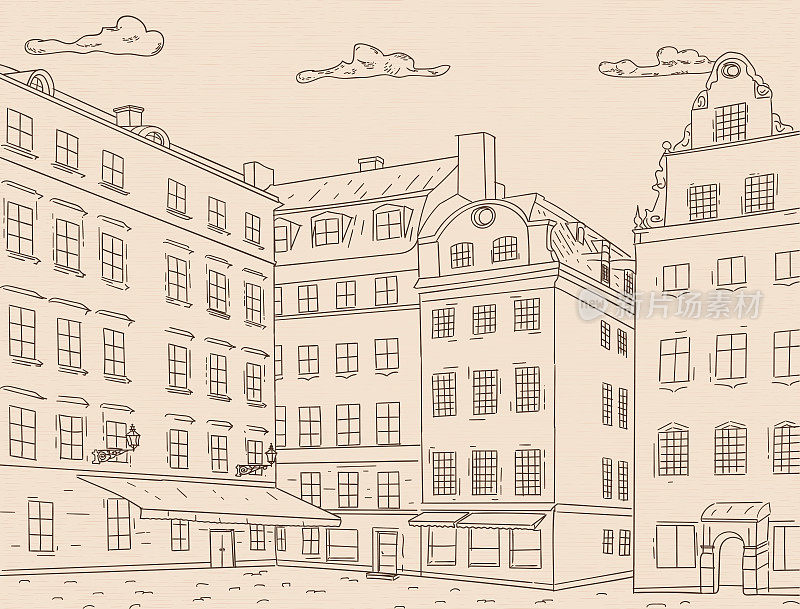 斯德哥尔摩老城Stortorget广场。手绘草图。在米色背景上绘制轮廓