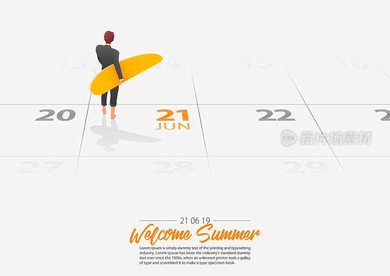 夏天的假期。商人正拿着冲浪板站在海滩上，望着海岸。手持冲浪板的男子标记着日期夏季季节开始于2019年6月21日。夏季体育活动概念。向量。
