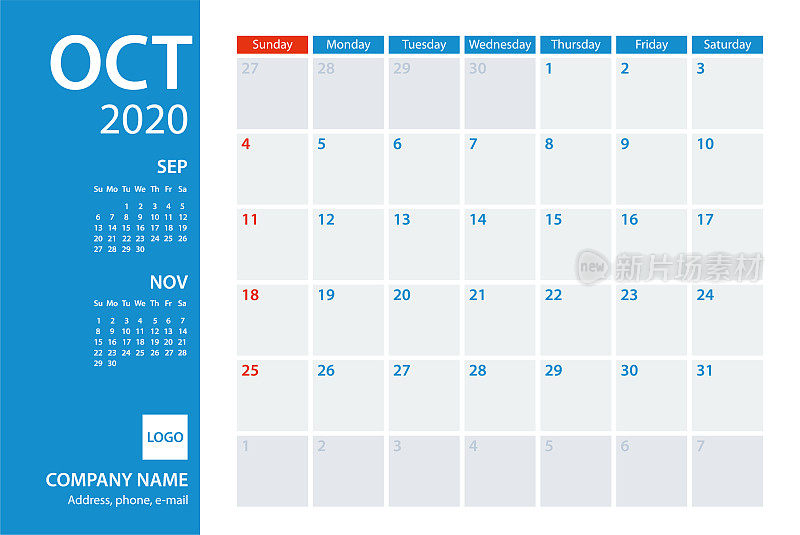 2020年10月日历规划师矢量模板。一周周日