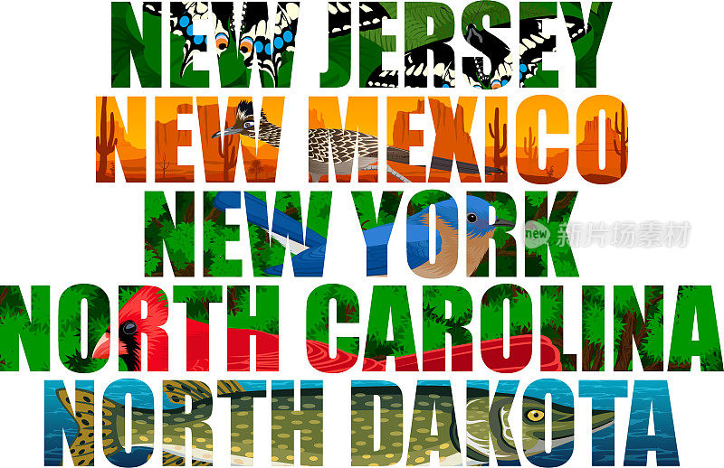 向量集的美国州字与动物-新泽西，新墨西哥，纽约，北卡罗莱纳州，北达科他州