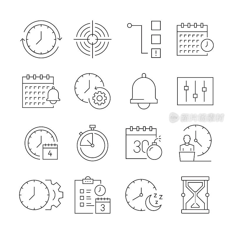 时间管理相关的矢量线图标的简单设置。大纲符号集合。可编辑的中风