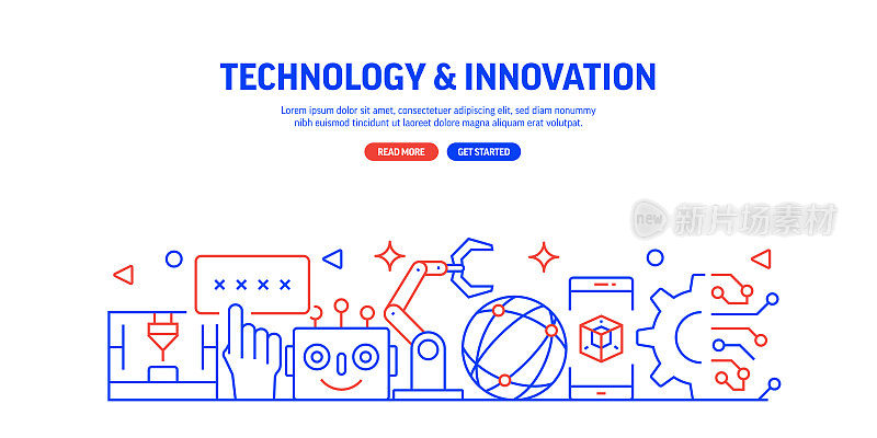 技术与创新相关的网页横幅线条风格。现代线性设计矢量插图的网站横幅，网站标题等。