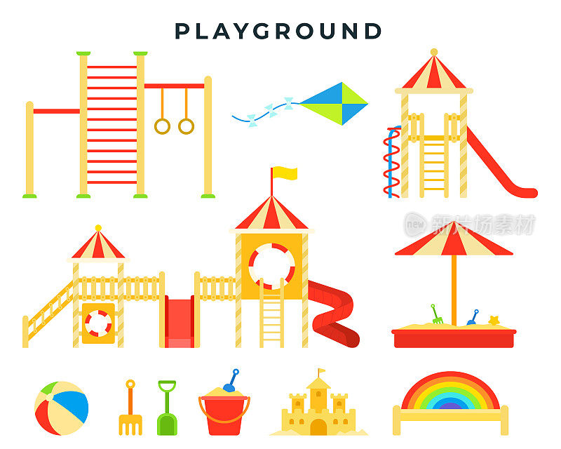 儿童娱乐游乐场有沙箱、滑梯、单杠、梯子、秋千、玩具。儿童游戏的地方。矢量插图。