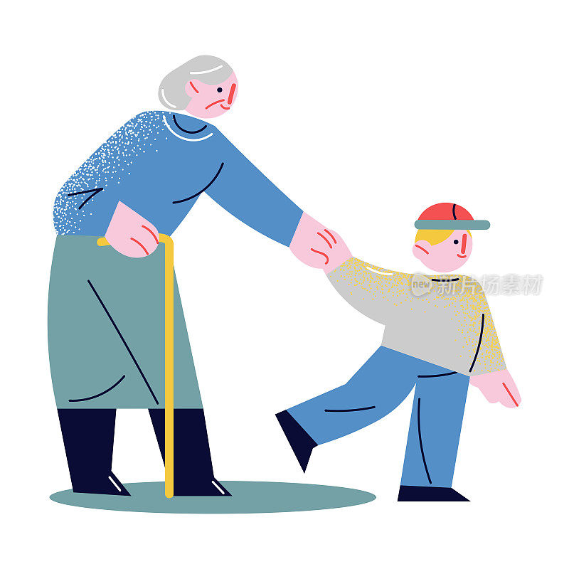 小男孩牵着老妇人的手，帮助她过马路