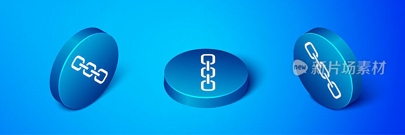 等距链链接图标隔离在蓝色背景。单一的链接。超链接链的象征。蓝色圆按钮。向量