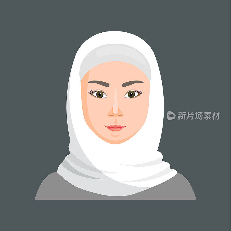 戴着头巾的小眼睛女孩。来自东方国家的穆斯林妇女。矢量插图。