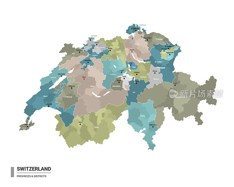 瑞士高详细地图与细分。瑞士行政地图，带有地区和城市名称，按州和行政区域着色。矢量插图。