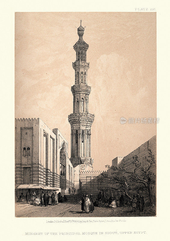 上埃及Siout主要清真寺的尖塔，维多利亚19世纪