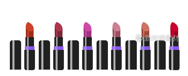 一套红色口红。一组逼真的口红。矢量插图。黑色和紫色的口红。唇化妆品。化妆。