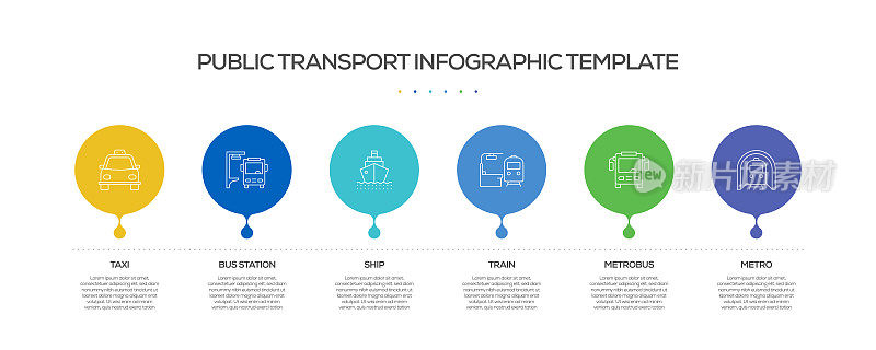 公共交通相关流程信息图表模板。过程时间图。带有线性图标的工作流布局