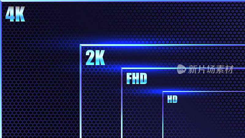 显示电视标准的屏幕分辨率从4k到HD。显示器规模的比较。发光的蜂房的背景。蓝色辉光的光辉