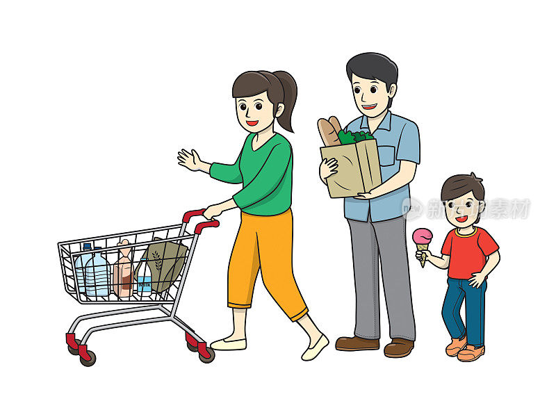 彩色矢量插图的儿童活动着色书页与图片的家庭做的购物。