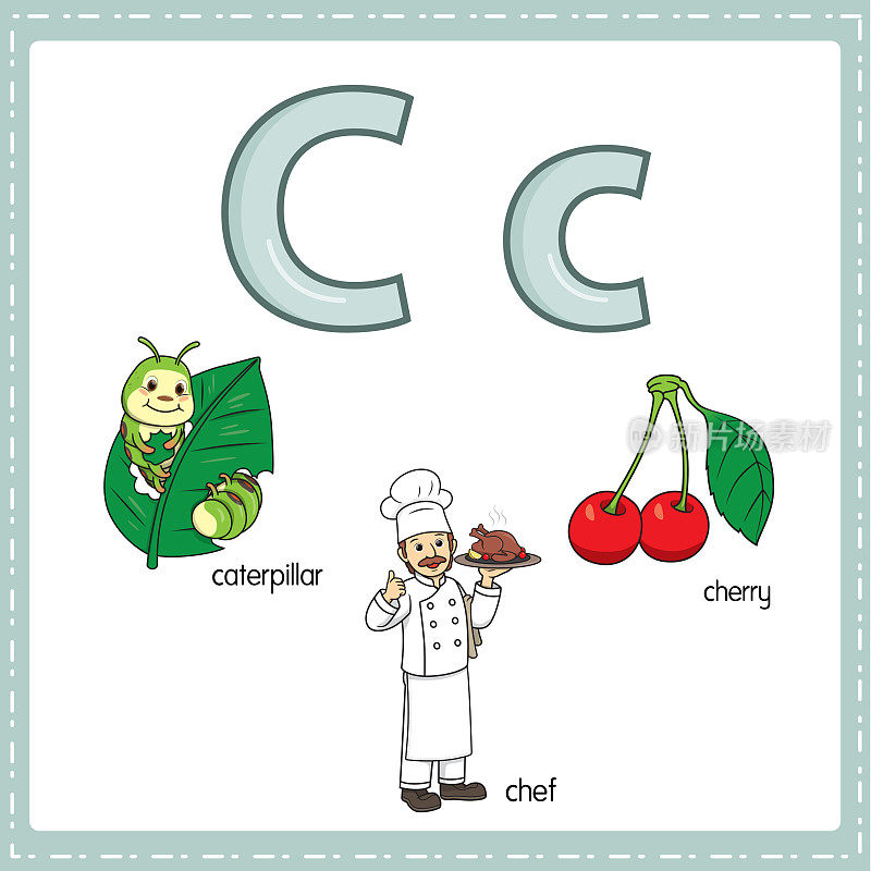 向量插图学习字母C的小写和大写的儿童与3卡通图像。卡特彼勒厨师樱桃。