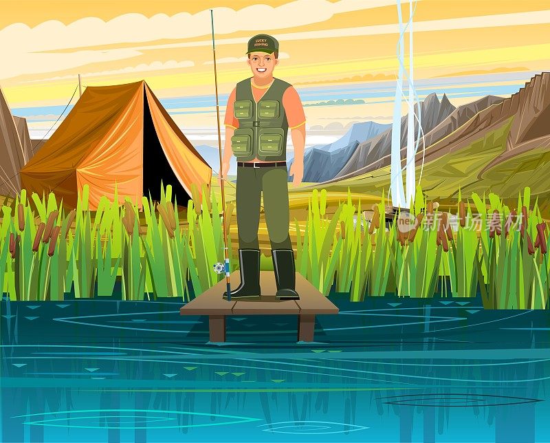 渔夫钓鱼。在一条湍急的山间河流的河岸上露营。帐篷和篝火。夏天的风景。说明向量