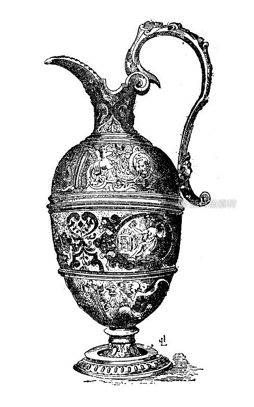 古董插图:水罐花瓶