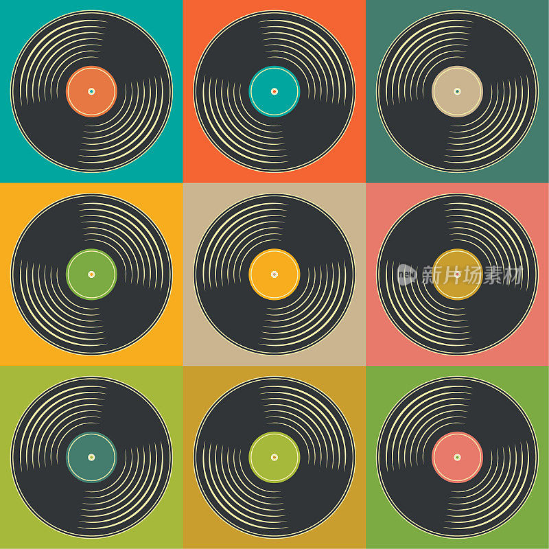 复古音乐复古黑胶唱片海报在波普艺术风格。迪斯科派对，60年代，70年代，80年代。