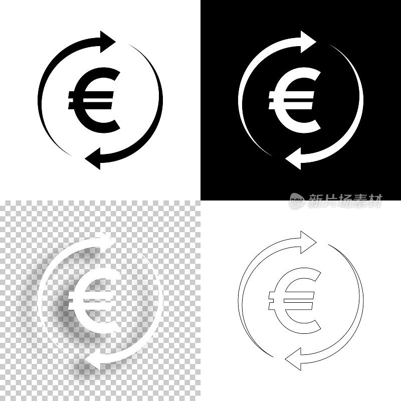 兑换和转账欧元。图标设计。空白，白色和黑色背景-线图标
