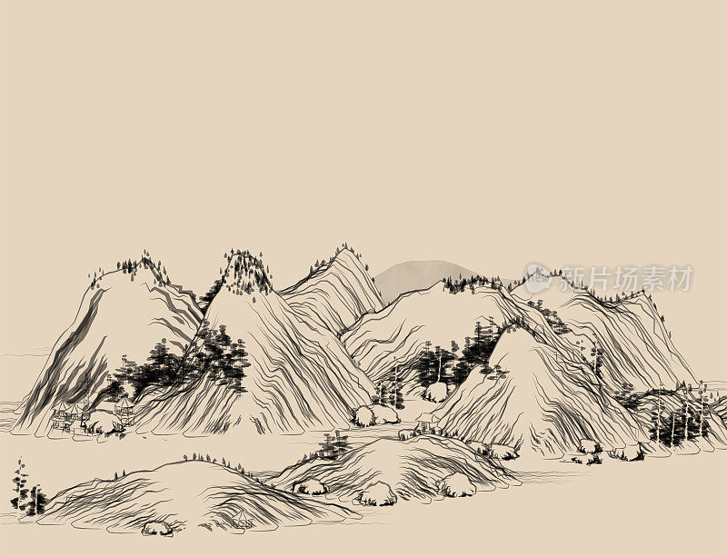 复古风格的中国传统山水画插图，山水画