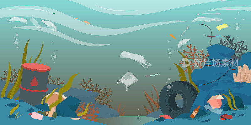 海洋、海水或河水被垃圾废物污染，水下被污染